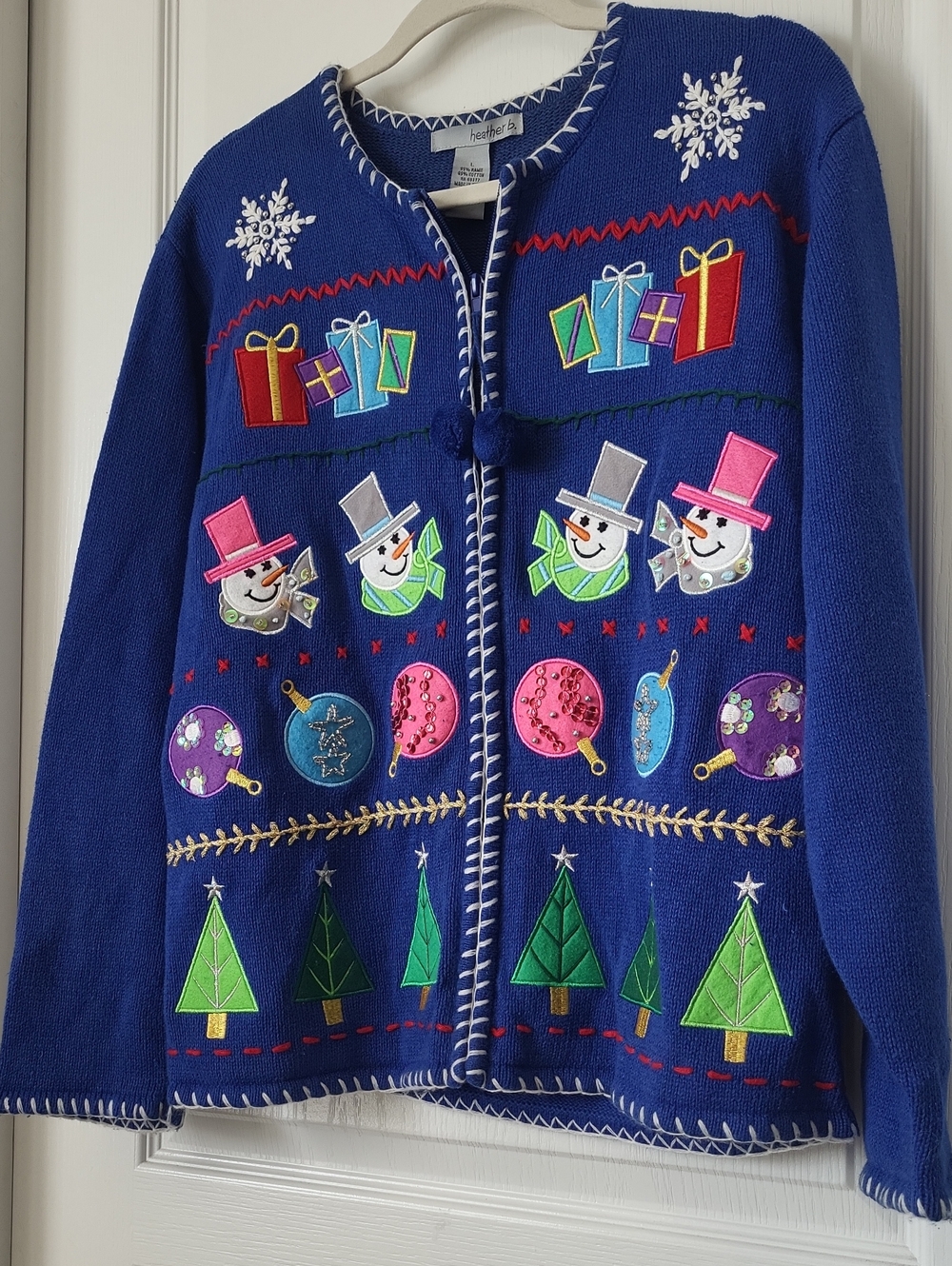 Heather B.  Royal Blue Christmas Sweater Cardigan Jacket with Snowman